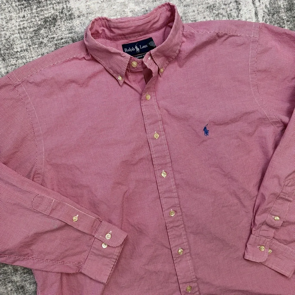 VTG Polo Ralph‎ Lauren Shirt Mens 17.5 Berry Red Check Classic Fit Cotton Poplin
